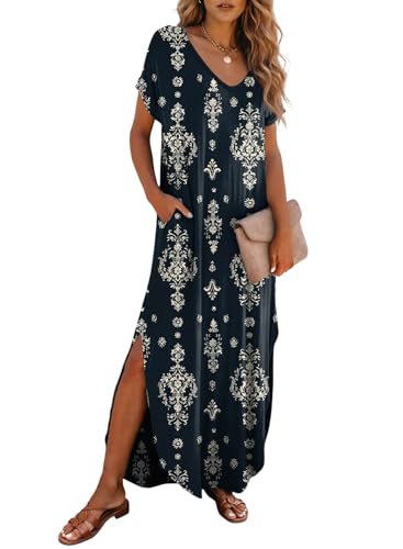 Image of Dokotoo Summer Dresses for Women 2026 Casual Maxi Dress V Neck Cap Sleeve Long Sundress with Pockets Beach Vacation