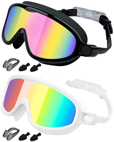 Rantizon Kids Swimming Goggles 2 Pack, Anti Fog&UV Swim Goggles for Boys Girls, No Leak Pool Beach Essentials for kid 3-14 (Black Rose & White Aqua)