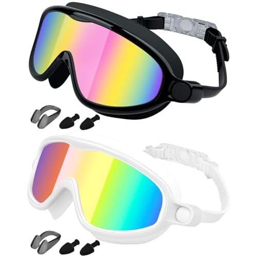 Rantizon Kids Swimming Goggles 2 Pack, Anti Fog&UV Kids Goggles for Boys Girls, No Leak Wide View Swim Goggles for Child 3-14 Black Rose & White Aqua