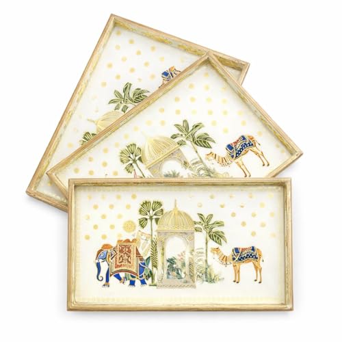 Image of Premium Wooden Serving Tray Set of 3 | Ethnic Indian Art Printed Tea, Coffee & Snack Trays | Decorative Multipurpose Home & Kitchen Serving Tray (C-03)