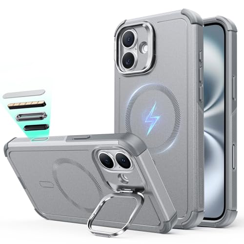 Image of ESR for iPhone 16 Phone Case with Stand, 23ft Military-Grade Drop Protection with Camera Control, Shock-Absorbing Rugged Cover, Compatible with MagSafe Accessories, Cyber Series, Light Grey
