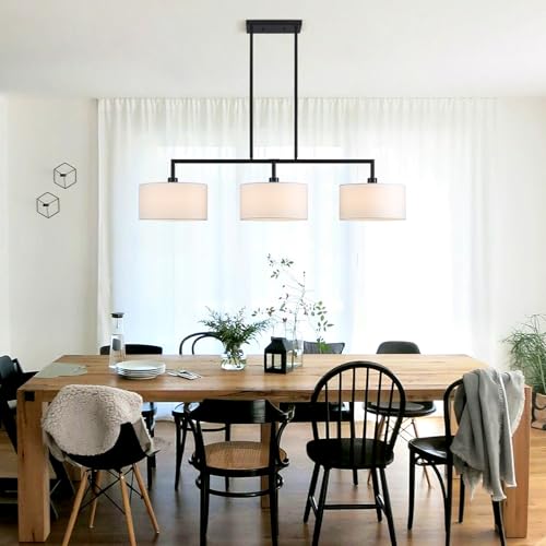 Image of 47 inch W Modern Linear Kitchen Island Pendant Light Fixture 3-Light White Linen Drum Shade Chandelier Black Metal Linear Chandeliers for Dining Room Farmhouse Hanging Light for Living Room, Bar, E26
