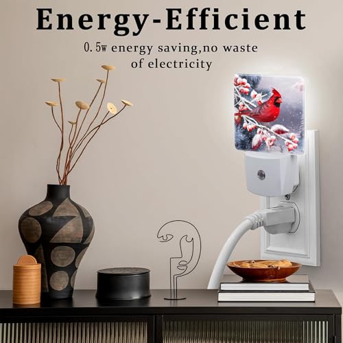 Image of Winter Red Cardinal Bird Night Light for Kids,Christmas Pine Tree Snow Cardinal Night Light Plug in with Dusk to Dawn Sensor,0.5w Energy Saving Nightlight for Hallway Stairway Kitchen Bedroom