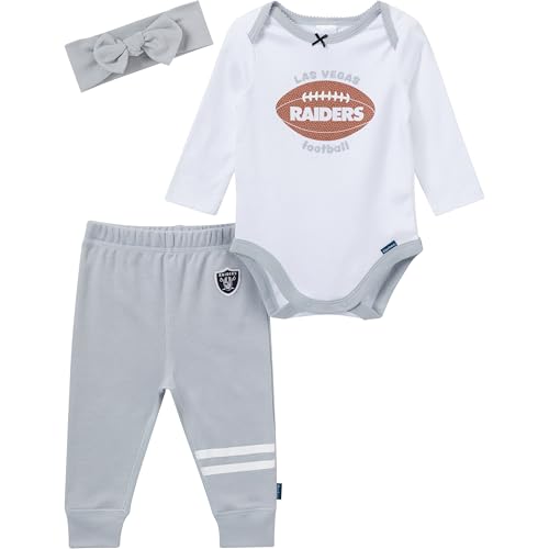 Gerber NFL Team Baby Girls' 3-Piece Onesie Bodysuit, Pants & Headband Set, Raiders, 6-9 Months