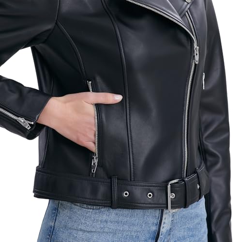 Lambskin Leather Jacket Women,Motorcycle Jacket,Classic Asymmetrical Zip Style,Buckle Belts,Multiple Pockets3