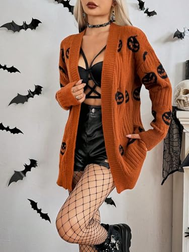 Verdusa Women's Pumpkin Graphic Cardigans Open Front Long Sleeve Drop Shoulder Loose Sweater3