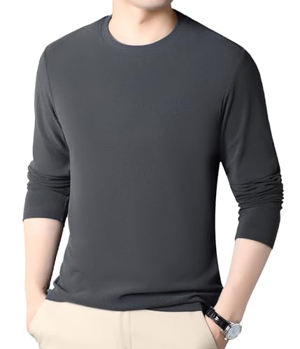 Camiseta Térmica de Hombre de Manga Larga – Cuello Redondo, Interior Forrado de Forro Polar, Ropa Interior Térmica Suave y Cálida(LY138-Grey, XL-XXL)