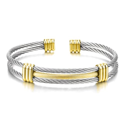Bracelet for Women Gold and Silver Two Toned Style Stainless Steel Cable Cuff Bracelets Jewelry for Men and Women Adjustable Twisted Cable Bangle