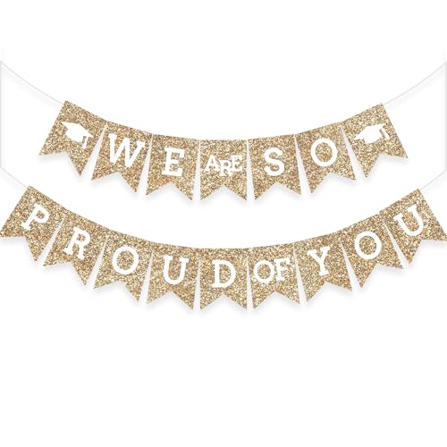 Image of Gold We Are So Proud Of You Banner Congrats Grad Cap Bunting Flag Grad Party Decoration Idea
