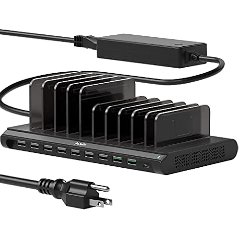 Alxum USB Charging Station, Fast 120W 10 Port Phone Docking Station Organizer with Smart IC, 2 Quick Charge 3.0 & Type C Desktop Charger Dock for Multi Devices, iPhone, Samsung Galaxy, XiaoMi, iPad Cover