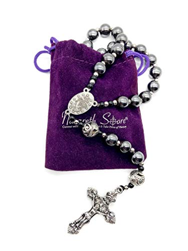 Hematite Rosary Black Stone Beads Necklace Metal Beaded Miraculous Medal & Cross Rosary For Men and Womens NS4