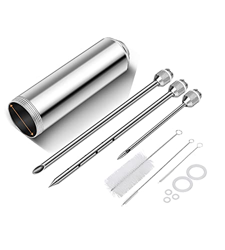 AOWOTO Meat Injector Syringe Kit 2-oz Marinade Flavor Barrel 304 Stainless Steel with 3 Professional Needles 3 Cleaning Brushes and 5 Silicone O-Rings