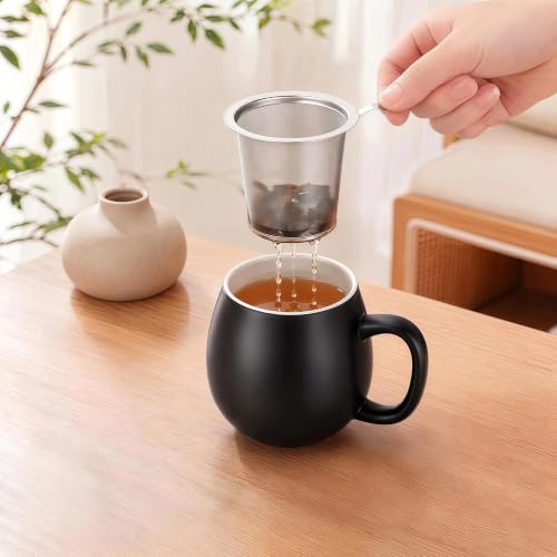 Image of Yundu 12 OZ Matte Black Ceramics Teacup with Infuser and Lid, Mug with Lid for Steeping - Stainless Steel Infuser for Loose Leaf Tea, Home Office Gift for Tea Lovers