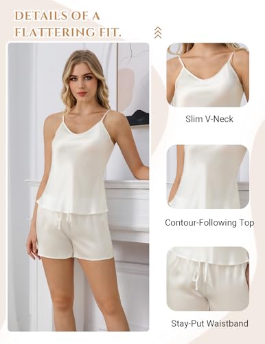 Image of THXSILK 100% Mulberry Silk Women Cami Pajama Set, Tank Top with Shorts Sleepwear, Adjustable Spaghetti Straps, Luxury Pj Set
