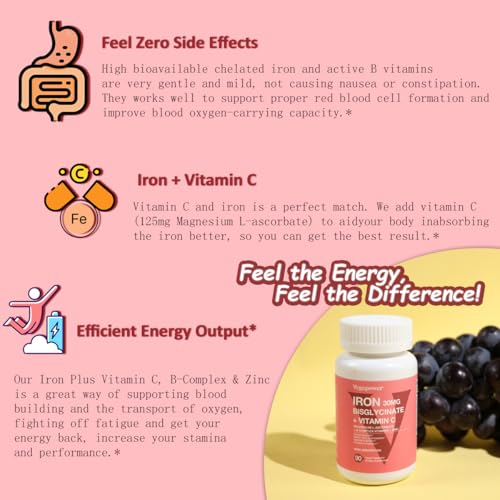 Iron Supplements for Women Men, Vegan Iron Bisglycinate 30mg Plus Vitamin C, B12, Folic Acid - Iron Pills for Anemia, Health Blood & Energy Support - Gentle, High Absorption, Non-GMO - 90 Capsules