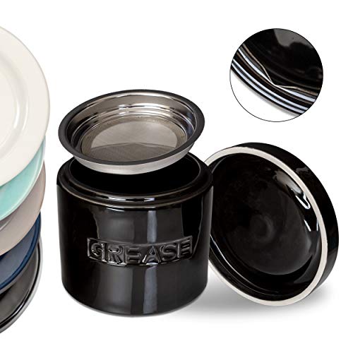 Bacon Grease Oil Container Storage Can Keeper W/Stainless Strainer Paleo Keto Pour Spout Ceramic Porcelain Stoneware Fat Separator Filter Black #TOP23