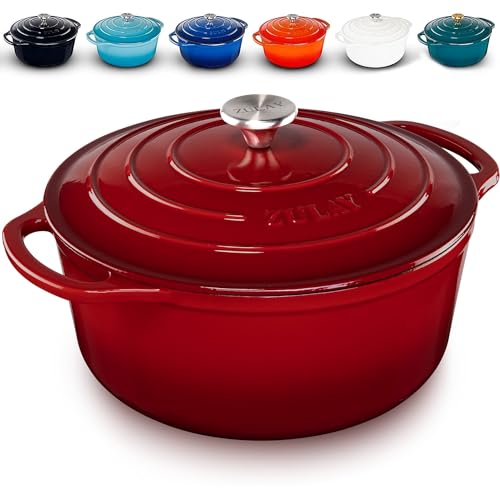 Zulay Kitchen 6 Quart Enameled Cast Iron Dutch Oven with Lid – Premium Durability & Oven Safe up to 500°F – Heavy Duty Cookware Perfect for Bread Baking, Stews, Braising & Roasting – Red