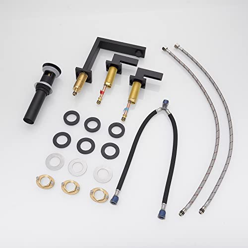 Homevacious Matte Black Bathroom Faucet 2-Hnadle 8 Inch Widespread Bathroom Sink Faucet 3 Hole Modern Vanity Sink Faucet With Pop Up Drain Assembly And Supply Hose 3 Pieces Basin Faucets Mixer Tap #TOP6