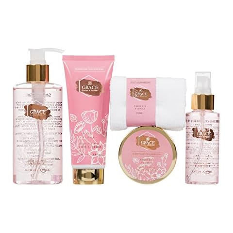 Scents of Collinwood - 5 Piece Women’s Classic and Elegant Flower Scent Bath Set - Includes Shower Gel, Body Lotion, Body Butter, Body Mist and a Small Face Towel Cover