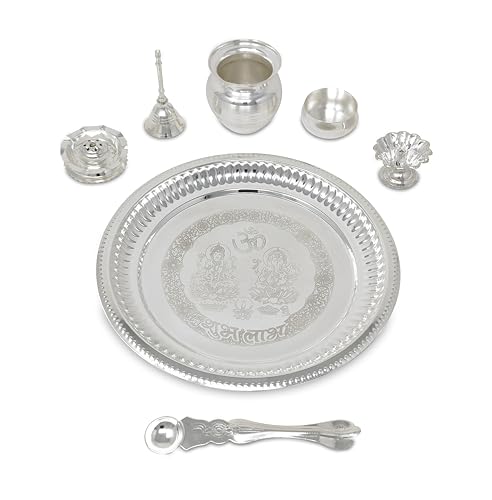 Ensemble Pooja Thali accessoires de prière plaqué argent pour autel et Diwali - 4