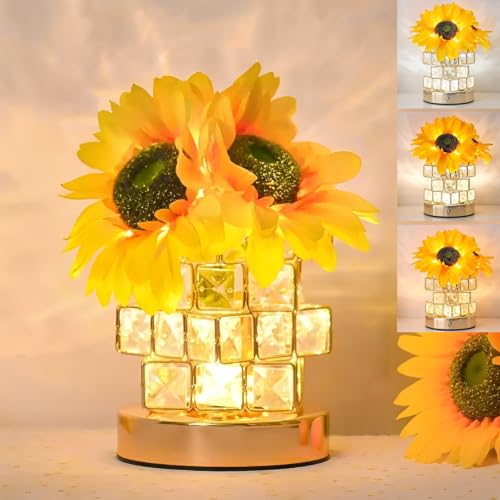 Image of Sunflowers Flower Lamp Cordless Touch Night Light Birthday Gifts for Women | Rechargeable Small Bedside Lamp,3-Colour Stepless Dimming Crystal Flower Table Lamps for Living Room Bedroom Decor Gift