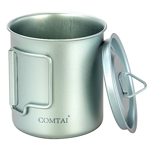 COMTAI Titanium Pot, 420ml/15 oz Mug with Lid and Foldable Handle, Outdoor Titanium Cup for Hiking Camping Cooking-Cyan