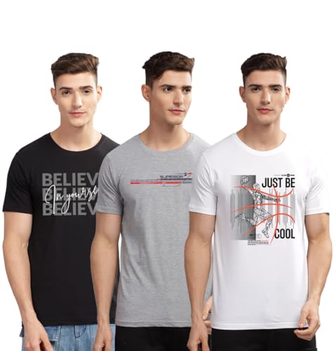 Image of ADRO 100% Cotton Lycra Tshirts for Men Combo Pack of 3 | Regular Fit | Printed T Shirt | Round Neck Half Sleeve| Mens Tshirts