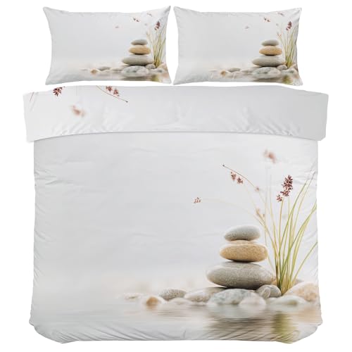 Parure de lit Méditation Galet Zen - Housse de Couette Lac Plante Pierre Nature 260x220 - Literie Super King en Microfibre Douce - 2 Taies d'oreiller &...