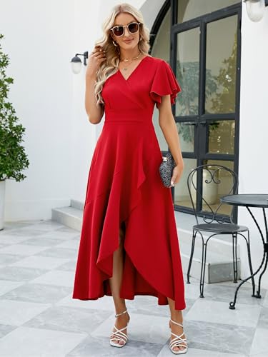 Image of Long Black Formal Dresses for Women Gowns Evening Party Cocktail Dress,Split Elegant V Neck Wrap Ruffle Wedding Guest Dresses
