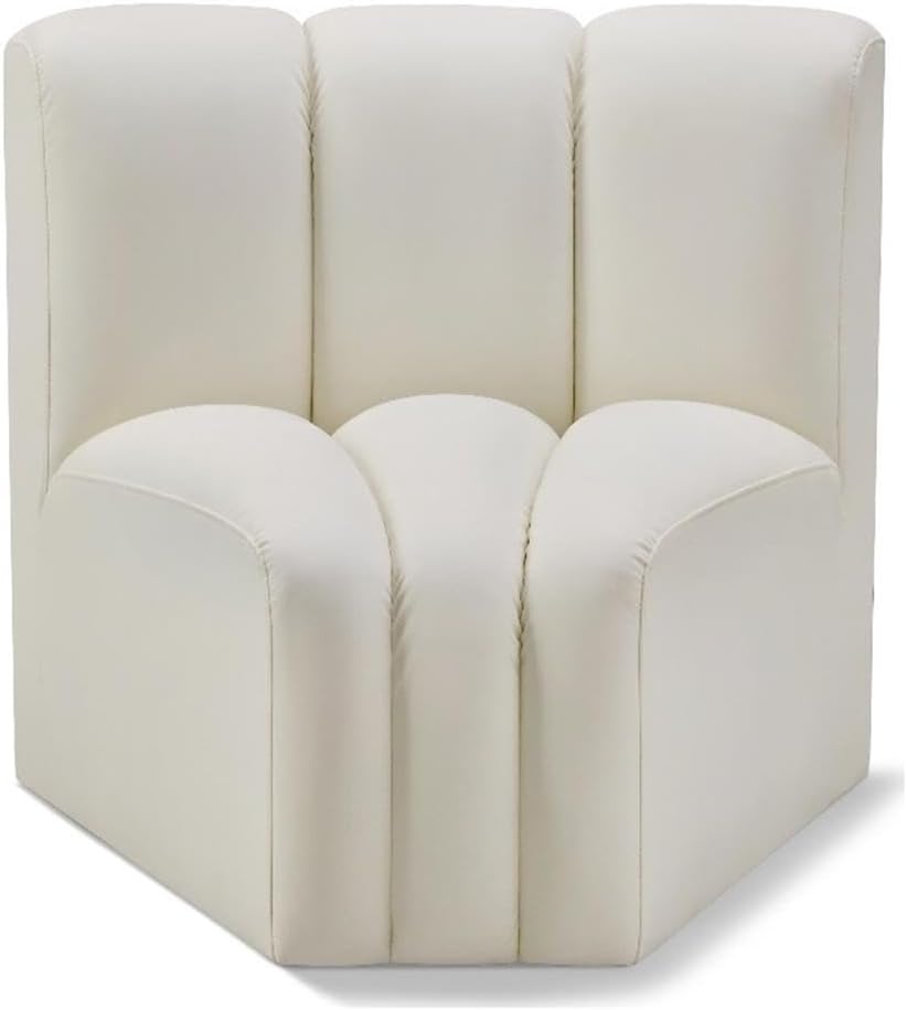 BOWERY HILL Contemporary Vegan Leather Accent Chair, 33" W x 31" D x 30" H, Soft Cream Finish, Deep Channel Tufting, Modular Design, Curved Corner for Living Room, Bedroom, or Home Office