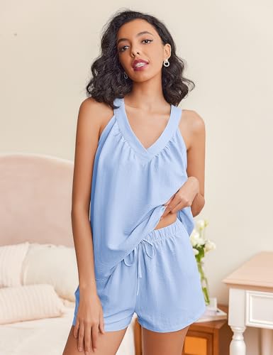 Image of Ekouaer Lounge Sets for Women 2 Piece Summer Pajamas Tank Top Shorts Set Comfy Loungewear Cute Beach Vacation Outfits
