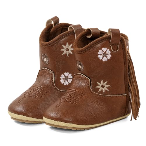 DUONITITI Baby Cowgirl Boots Infant Floral Embroidered Fringe Western Shoes for First Walker (Brown, 6-12 Months)