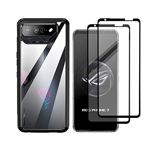 QINOUK Funda para ASUS ROG Phone 7 Ultimate, [Antiarañazos] Funda Protectora de PC Transparente + TPU Suave, con [2-Pack] Protector de Pantalla para ASUS ROG Phone 7 Ultimate-Negro