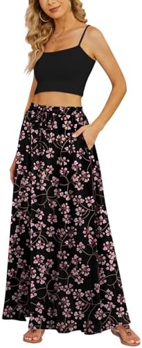 Yincro Women's Flowy Maxi Skirt Summer Pleated High Waisted Casual Long Skirts with Pockets