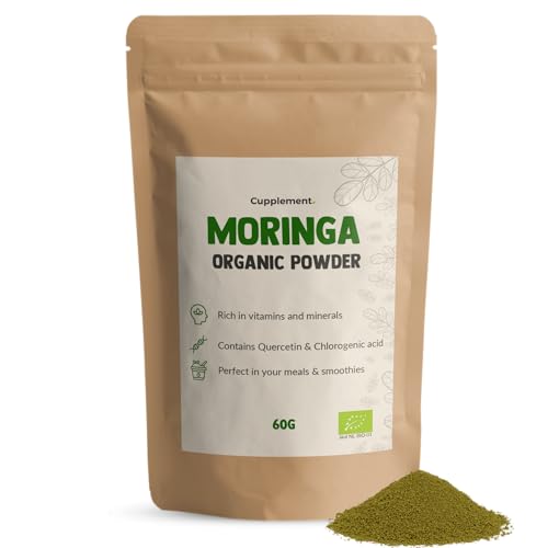 Cupplement Moringa Oleifera - Polvo orgánico de 60 gramos - Cuchara gratis - Sin cápsulas, 1000 g, aceite, semillas o té - Superalimento - Tabletas - Productos - Suplemento - Planta - Aceite de