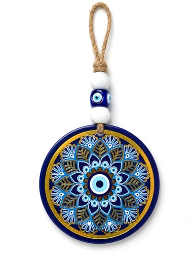 Image of Evil Eye Hanging for Home Decor, Turkish Nazar Wall Hanging, Handcrafted Ceramic Evil Eye Ornament with Jute Rope & Beads, Protection Door Hanging for Entrance, Balcony, Office & Housewarming Gift