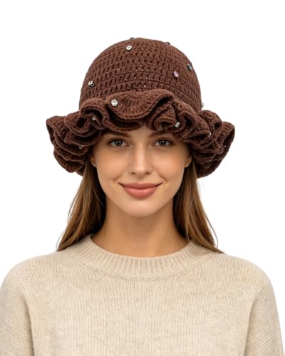 Image of Women Crochet Bucket Hat Cute Winter Ruffled Brim Floppy Cap Handmade Knit Cloche Hats