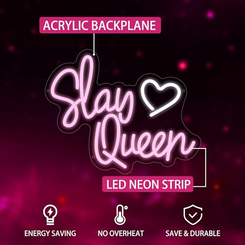 Image of Slay Queen Neon Sign, Slay Queen Led Signs for Wall Decor, Dimmable Pink Neon Light Sign for Bedroom, Preppy Girl Aesthetic Room Dorm Decor, Neon Gift for Girls