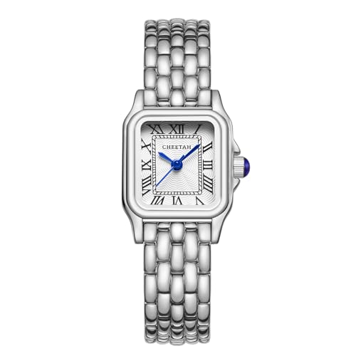 CHEETAH Silver Watches for Women with Small Vintage Bracelet, Rectangular Case Roman Dial