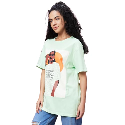 Image of Globus Women Ivory Typography Print Round Neck Oversized Casual T-Shirt-3638185004