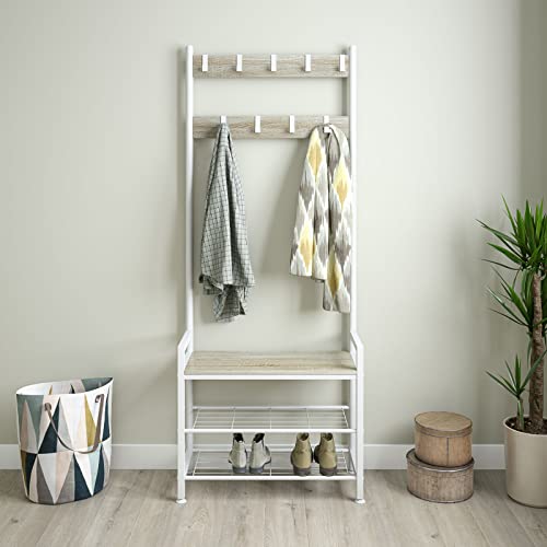 Ballucci Entryway Coat Rack With Shoe Bench, 3-In-1 Hall Tree And Shoe Rack Storage Shelf Organizer, Natural Wood Look With 9 Metal Hooks And Steel Frame - White #TOP2