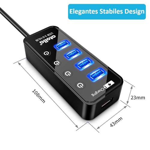 Hub USB con alimentatore, Atolla USB 3.0 Hub attivo con 4 porte, trasferimento dati SuperSpeed e interruttore, distributore USB con porta di ricarica intelligente e adattatore di alimentazione da 15 W - Hub USB - Immagine 5