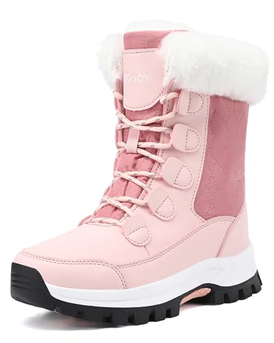 COOJOY Womens Winter Snow Boots Waterproof Shoes Walking Comfortable Hiking Booties Furry Mid Calf Warm Lightweight Pink,US8 EU40