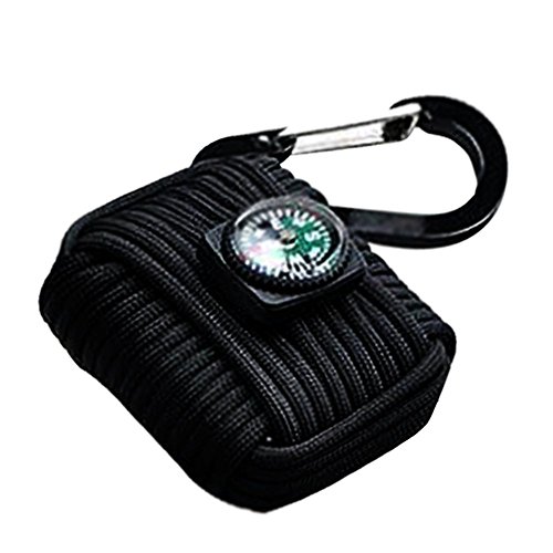 Paracord Survival Fishing Kit - Compass, Fire Starter Rod, Tinder, Eye Knife, Weights, Swivels, Fishing Hooks, Floats, Line, Tin Foil, Carabiner - for Camping and Emergencies (Black)