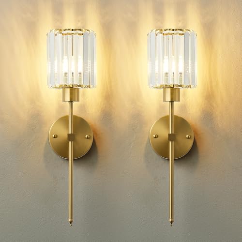 Image of KARTOOSH Hardwired Crystal Wall Sconces Set of 2 | 20.1 Inch Brass Wall Lights Dimmable 3000K Warm White Wall Lamps for Hallway, Bathroom, Living Room, Bedroom