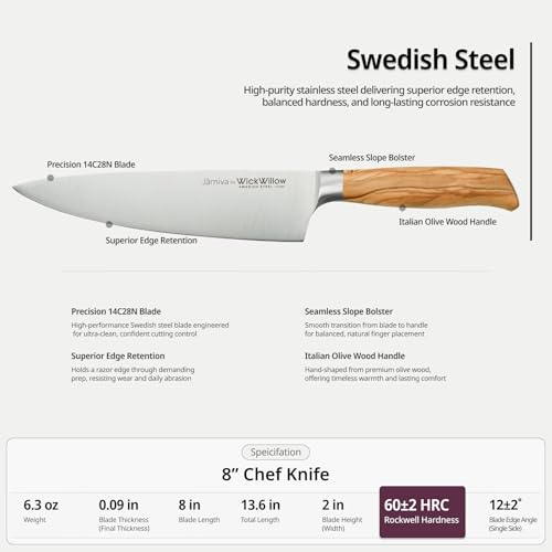 WICKWILLOW 8” Chef Knife – Swedish Steel, Professional, Olive Wood - Image 6