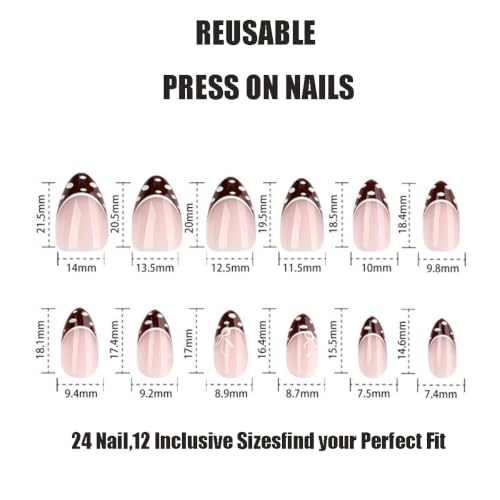 Image of Polka Dot Press on Nails Brown French Tip Fake Nails Short Almond Nails