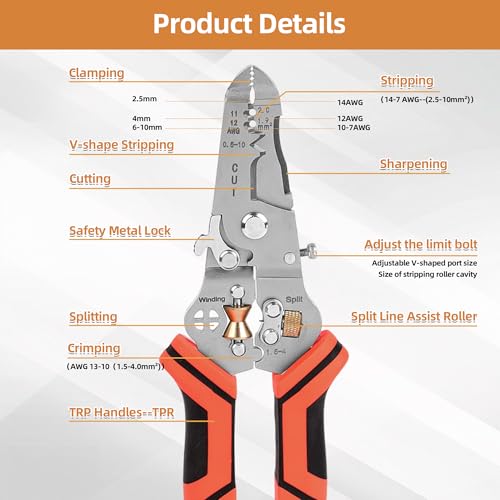Image of Wire Stripper Cutter Crimping Tool - 9 in 1 Wire Stripper Tool with Cutter Crimper Function AWG 22-10 Wire Cutters Pliers for Wire Splitting,Stripping,Cutting,Crimping, Clamping,Winding,Sharpening