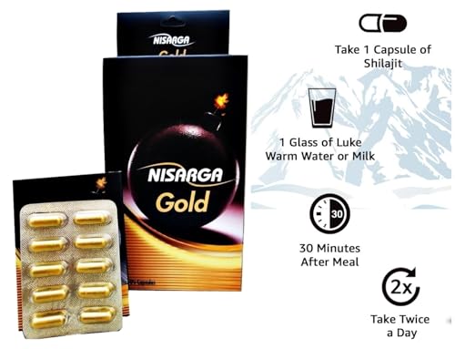 Image of Nisarga Gold Shilajit Capsules with Ashwagandha, Kaunch Beej for Strength, Stamina, Vigor supplement | 20 Capsules