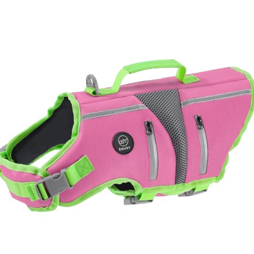 EMUST Dog Life Jacket, Ripstop Large Dog Life Vest with Rescue Handle, Lightweight High Visibility Pet Water Vest for Small Medium Large Dogs, Pink, XL